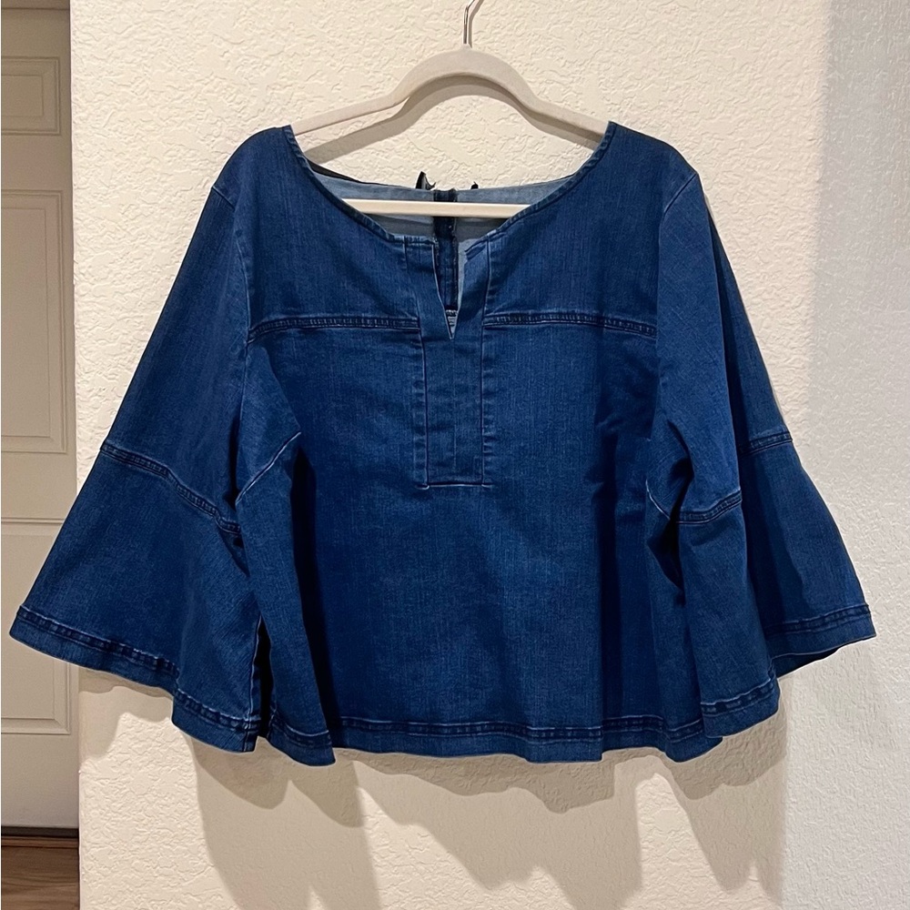 Blue Denim Bell Sleeve Top | Split V-Neck | Casual Loose Fit | L